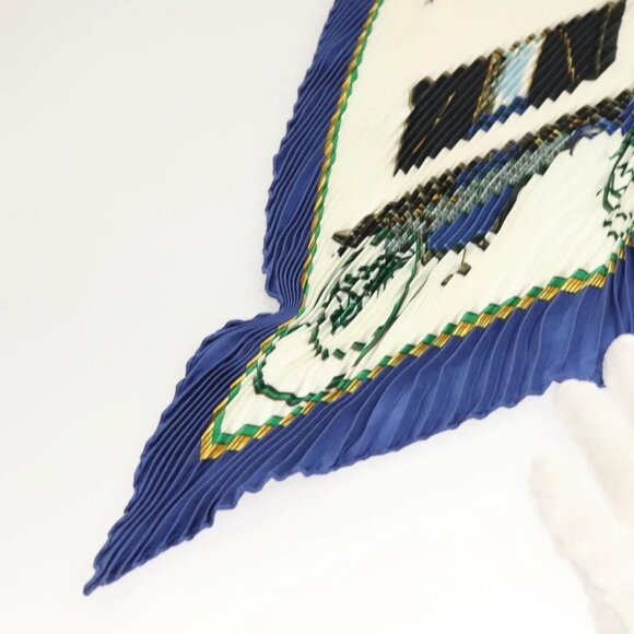 HERMES Pleated Scarf ""LES VOITURES A TRANSFORMATION"" Silk Blue Auth - Picture 3 of 16